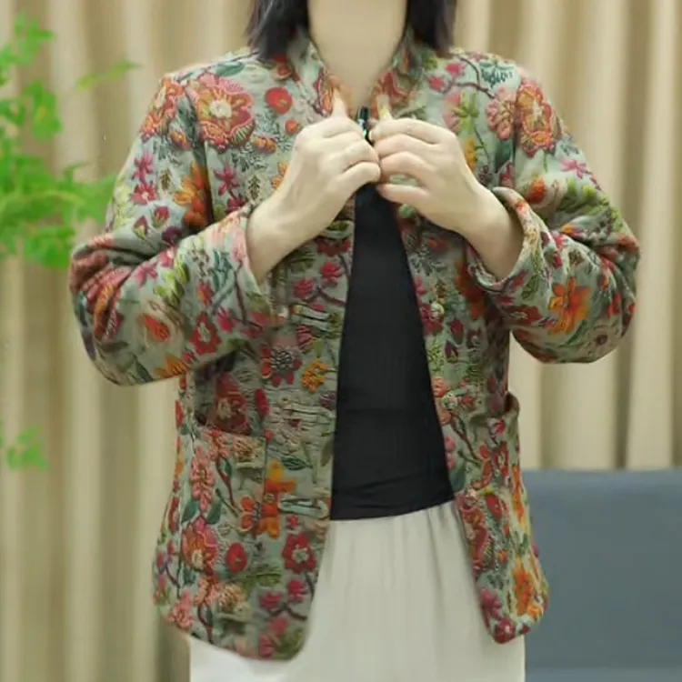 冬季减龄显瘦保暖加绒新中式盘扣印碎花时尚百搭中老年妈妈装外套