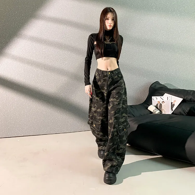 2025新款迷彩工装裤多口袋宽松牛仔裤女百搭显瘦时尚秋季新款