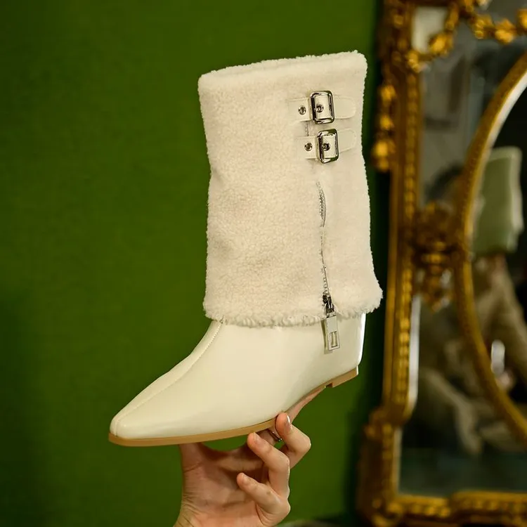 【DUOSI】7公分时装靴网红韩版加厚尖头短靴保暖高跟筒靴坡跟HS1865