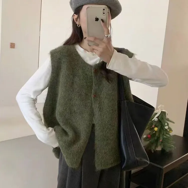春秋新款宽松显瘦叠穿背心韩系简约百搭软糯慵懒风毛衣针织马甲女