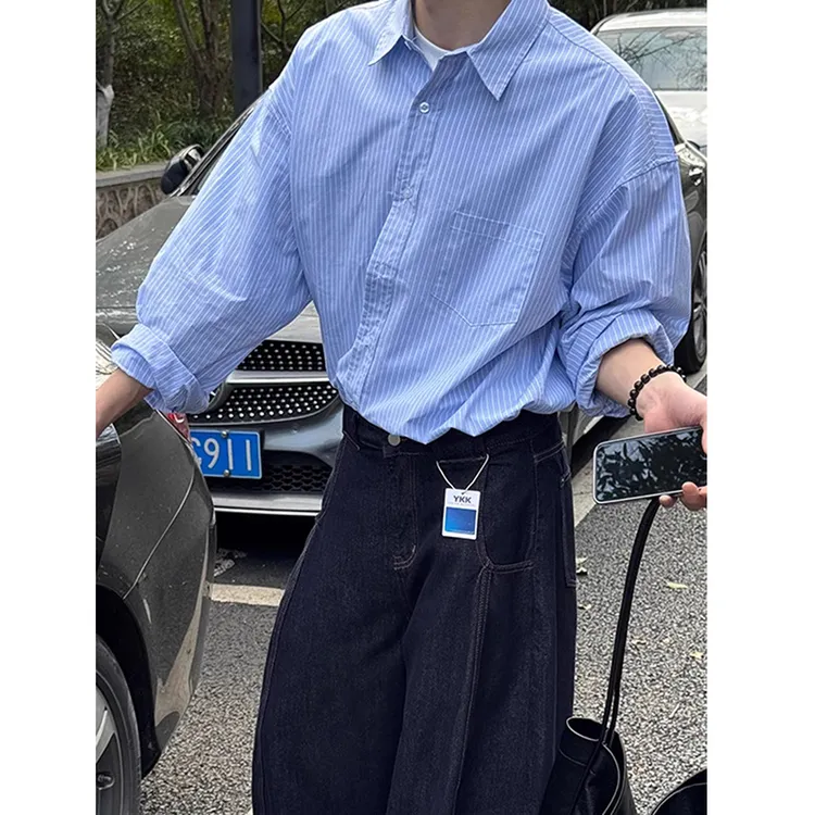 韩系chic蓝色条纹衬衫男高级感叠穿内搭长袖衬衣抗皱薄款防晒外套
