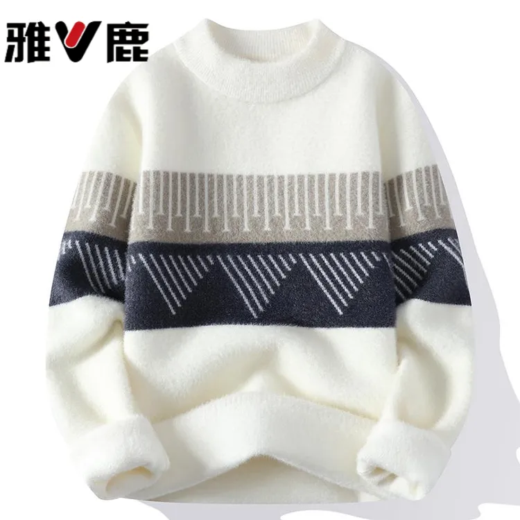 雅鹿2025冬季青少年学生一体绒毛衣男孩大童加绒加厚半高领针织衫