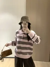 韩11美式辣妹休闲条纹POLO领针织长袖上衣5570