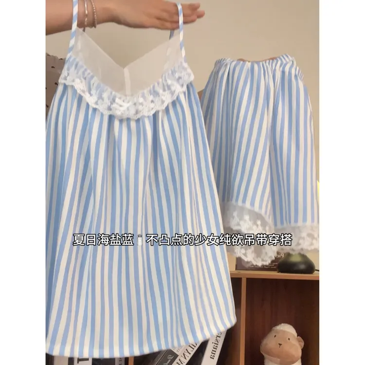 带胸垫睡衣女夏季薄款吊带无袖2025新款可爱公主风家居服套装条纹