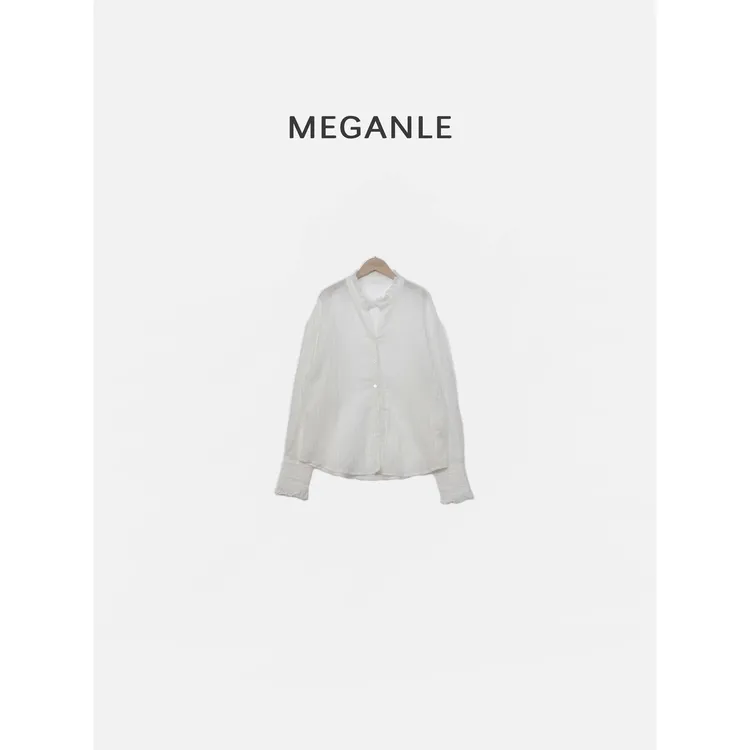 【西西里】MEGANLE 棉麻透气木耳领微透纯色长袖上衣2025025