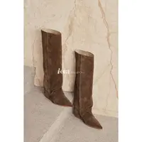 IORE理想矿石设计修饰腿型自然堆叠褶皱牛皮尖头坡跟裤筒靴及膝靴