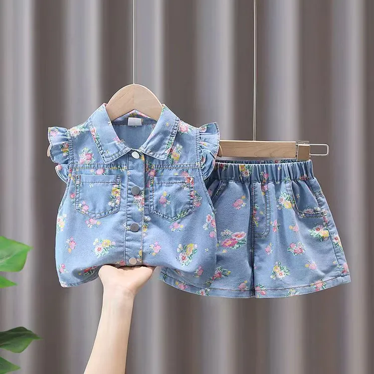 女童套装2024新款夏装儿童夏季洋气短袖女宝宝薄款碎花牛仔两件套