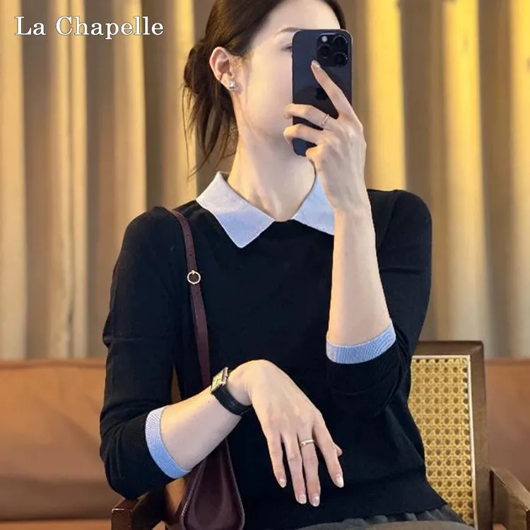 拉夏贝尔早秋新款撞色拼接假两件针织衫女POLO领打底气质百搭上衣