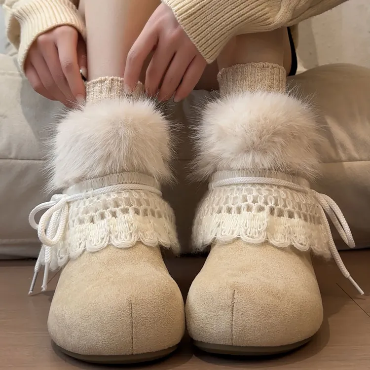 韩系风时髦圆头厚底冰岛雪地靴女2025冬季加绒毛毛靴绑带显瘦短筒