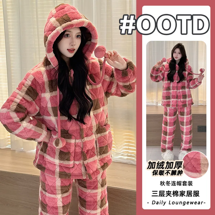 【加加厚-更保暖】草本初色三层夹棉睡衣女连帽冬季保暖家居服套装商品图