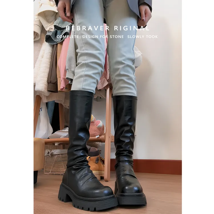真皮厚底长靴女秋冬小个子增高长筒靴修饰腿型英伦风褶皱堆堆靴子