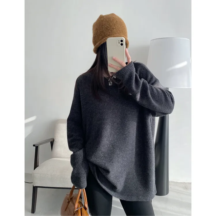 加厚磨毛绒纯色打底衫女秋冬宽松oversize内搭长袖t恤上衣