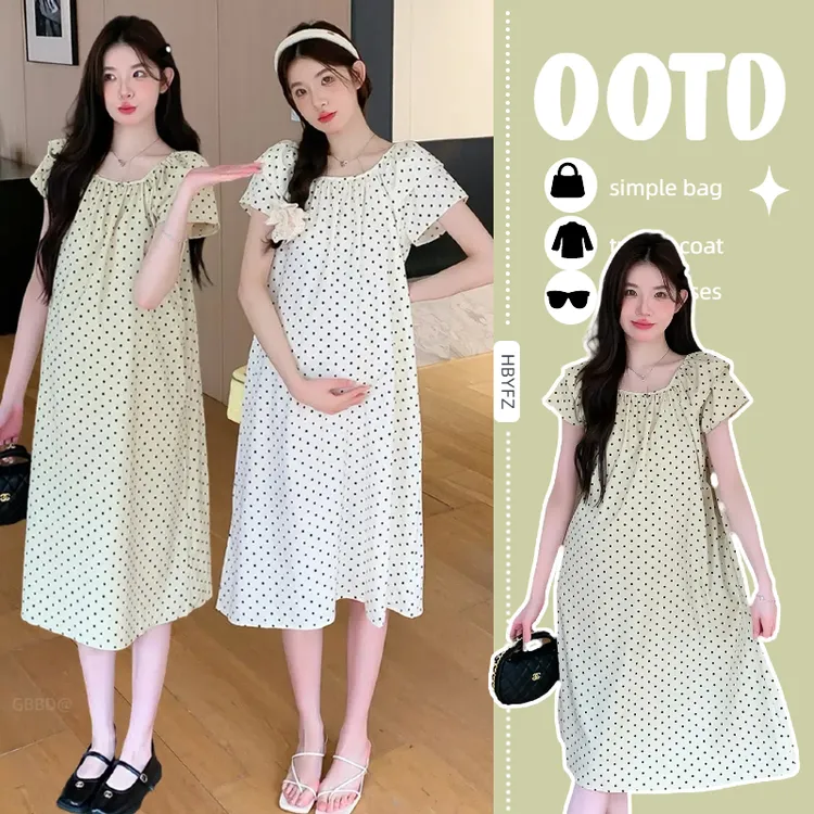 孕妇夏装短袖波点中长款裙子2025新款时尚减龄连衣裙夏季薄款洋气