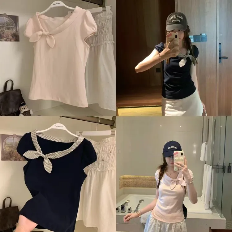 现货~韩系穿搭乖巧感短袖恤两色修身显瘦纯欲百搭上衣