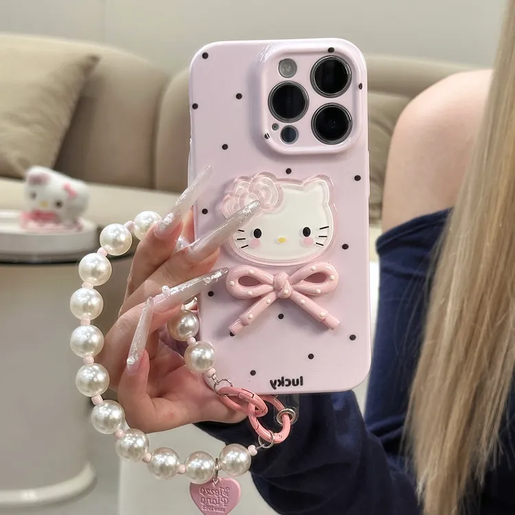 雅天立粉色波点kt猫适用苹果16挂链手机壳华为P70vivoppo小米15女