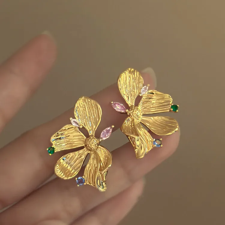 超仙法式复古金属花朵耳环女轻奢高级感设计气质耳钉耳饰