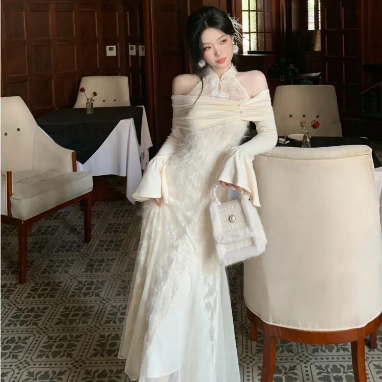 Blovelan月光礼赞 复古清冷感精致蕾丝挂脖新中式旗袍连衣裙