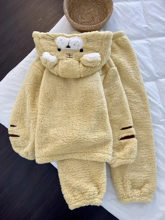 【DMXJ大梦想家】韩系可爱卡通连帽珊瑚绒睡衣女冬可外穿家居服套装