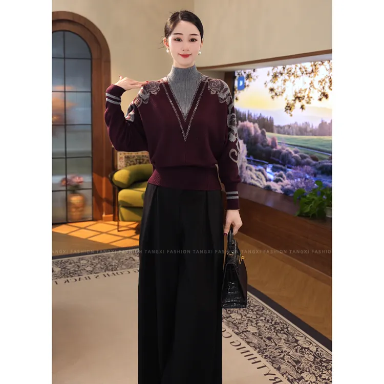 2025秋冬爆款【ZM-1023JR】含绵羊毛法式慵懒风撞色红灰色针织毛衣