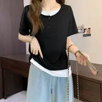 清-夏季假两件短袖T恤女夏季撞色显瘦大圆领螺纹休闲上衣25096