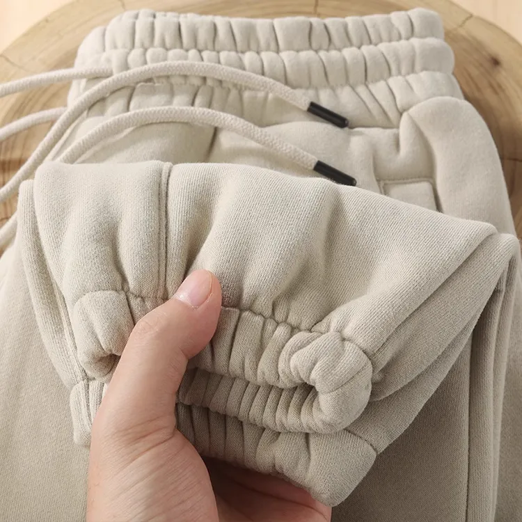 秋冬沙丘风！灰杏色350G重磅加绒加厚保暖束脚卫裤女厚实耐穿长裤