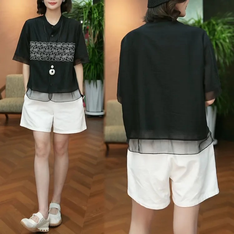 夏季新款百搭短袖韩版气质减龄衬衫日常休闲时尚洋气印花拼接小衫
