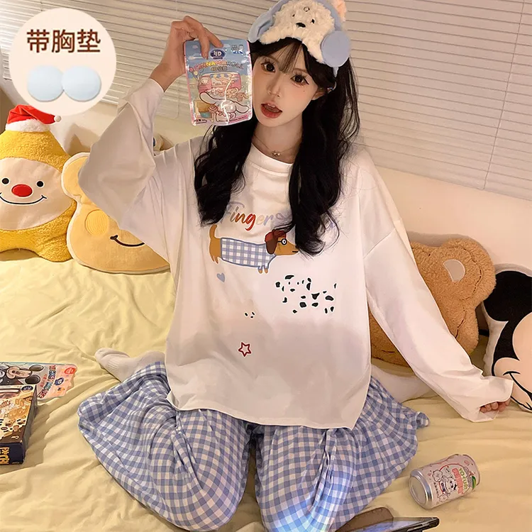 2025新款长袖女大童睡衣带胸垫春秋季防凸点外穿女孩初中生家居服