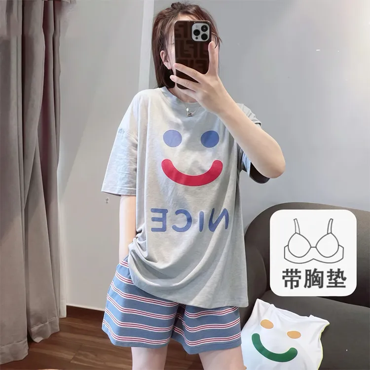带胸垫可爱笑脸睡衣女夏季短袖短裤套装休闲宽松可外穿家居服套装