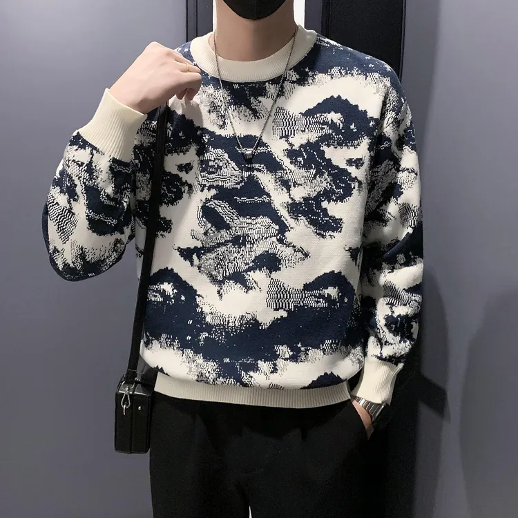 殿若秋冬季国潮风个性高级感针织衫圆领加厚毛衣男士打底衫线衣潮