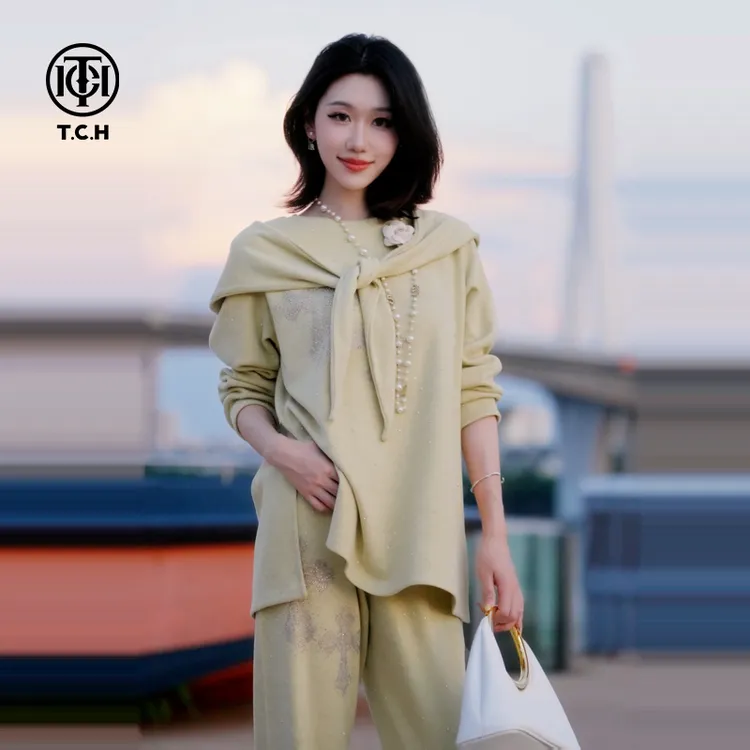 TCH私服潮流25秋冬新款黄色套装T75C07E1089轻奢tch