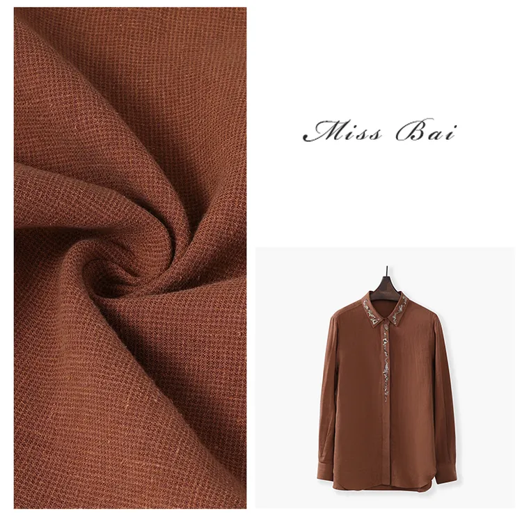 YIWEN-【传奇】时尚慵懒感高品质亚麻桑蚕丝翻领钉珠衬衣CS8014