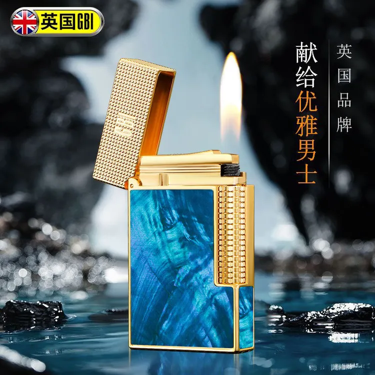 英国绅士GBI 大船钢声侧滑朗声贝壳镶嵌高档充气打火机礼盒套装