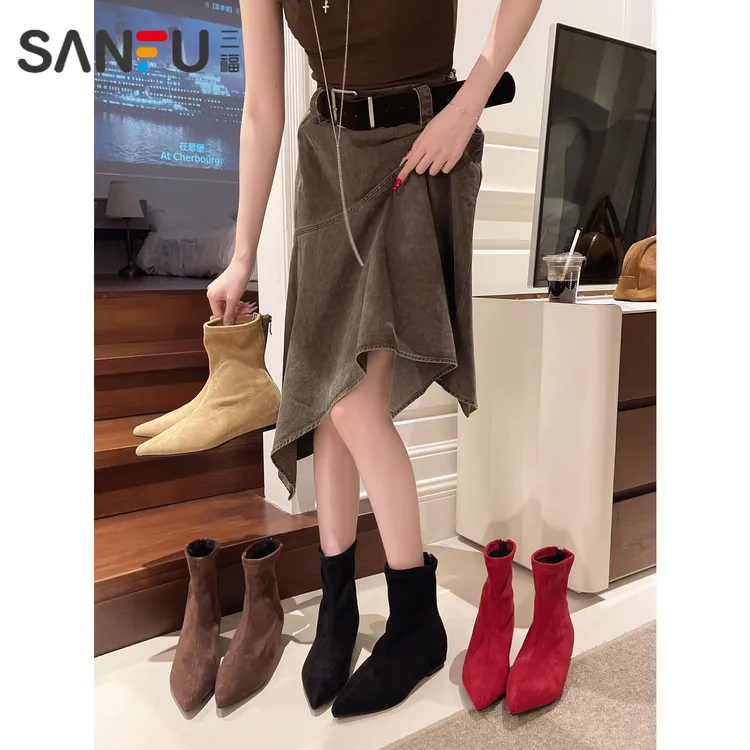 SANFU/三福时尚法式尖头中筒弹力靴2025秋季新款高跟百搭复古港风