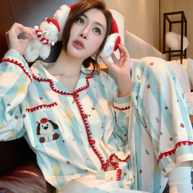 卡通条纹泡泡绵睡衣女款春秋2025新款长袖可外穿家居服套装冬天