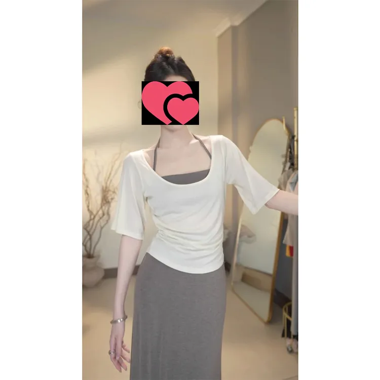 运费补贴 慵懒宽松U领薄款收腰中袖罩衫撞色挂脖抹胸气质时尚套装