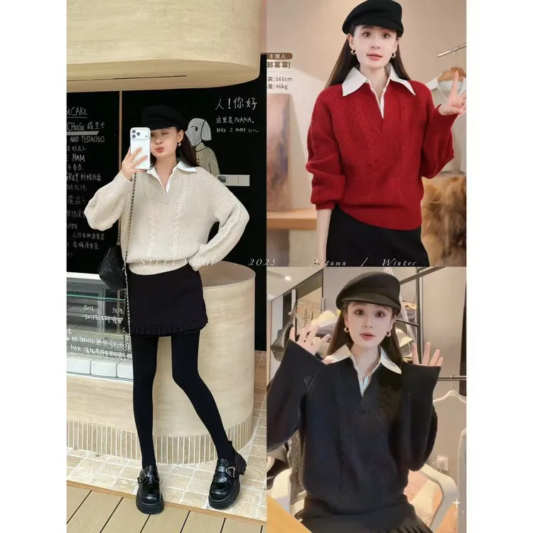 SG / 郭幂幂 AW 韩系风 Polo领拼假两件麻花针织毛衣MY-20253188