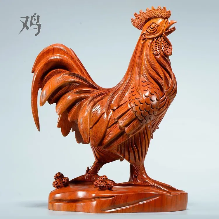 花梨木雕刻大公鸡摆件实木生肖鸡家居装饰红色雄鸡工艺品