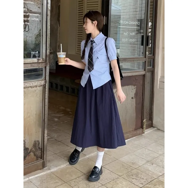 半身裙小个子a字裙日系文艺白色中长款百褶裙小众女夏季大码显瘦