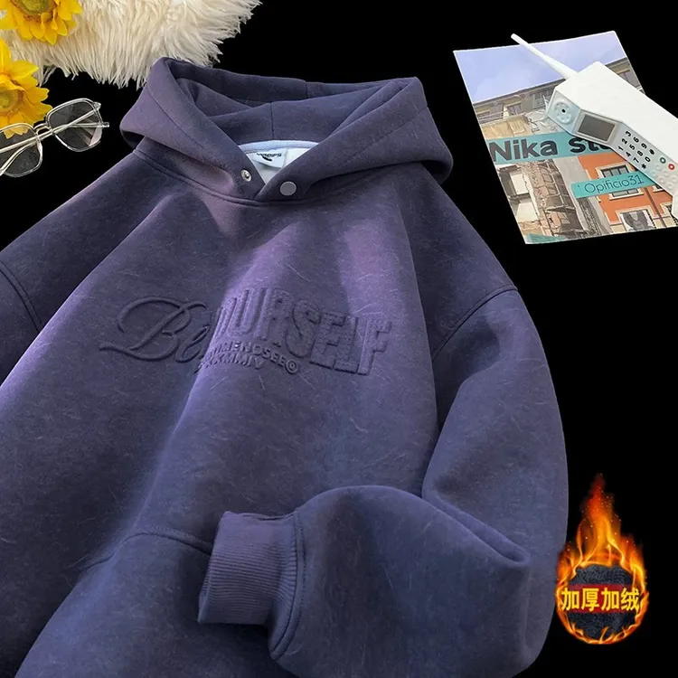 冬季加绒加厚重磅钢印字母脏脏帅气连帽卫衣男青少年潮牌宽松外套