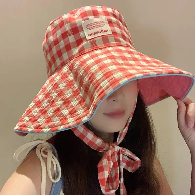 韩版格纹宽边系带渔夫帽女款夏季大帽檐显脸小遮阳帽子防晒帽盆帽