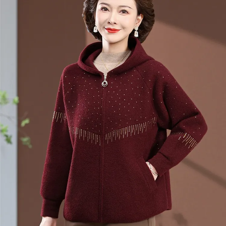 妈妈秋冬装新款呢子外套2025年大码中老年连帽洋气拉链双面绒大衣