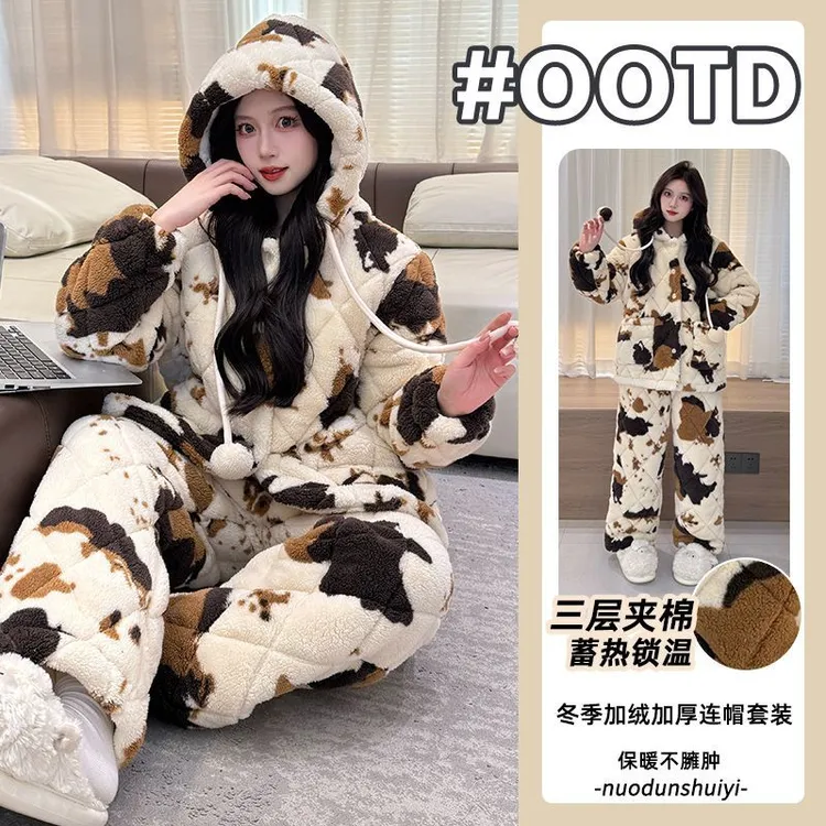 三层夹棉2025冬季长毛绒睡衣女奶牛珊瑚绒加绒加厚保暖外穿家居服