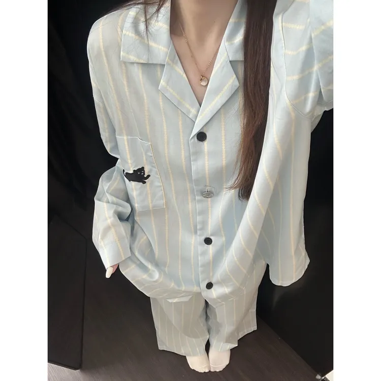 韩系ins甜美简约条纹睡衣女春秋季休闲长袖长裤可外穿家居服套装