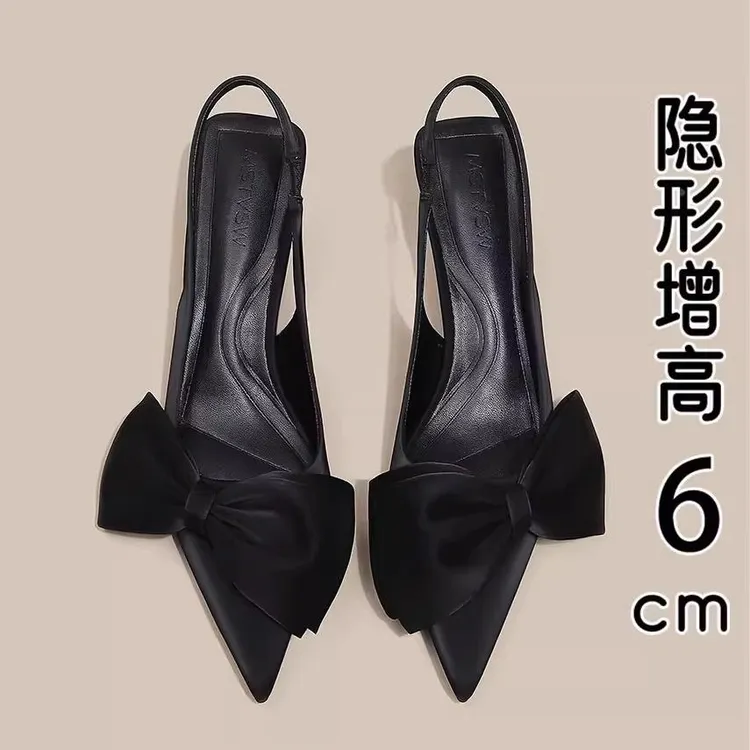 夏季新款包头凉鞋女高跟单鞋黑色蝴蝶结尖头浅口细跟时尚百搭