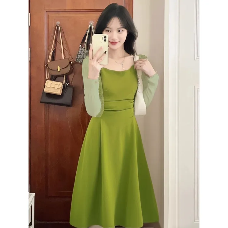 【三色】【两件套】法式绿色连衣裙夏季2025高级感女士超仙吊带6904