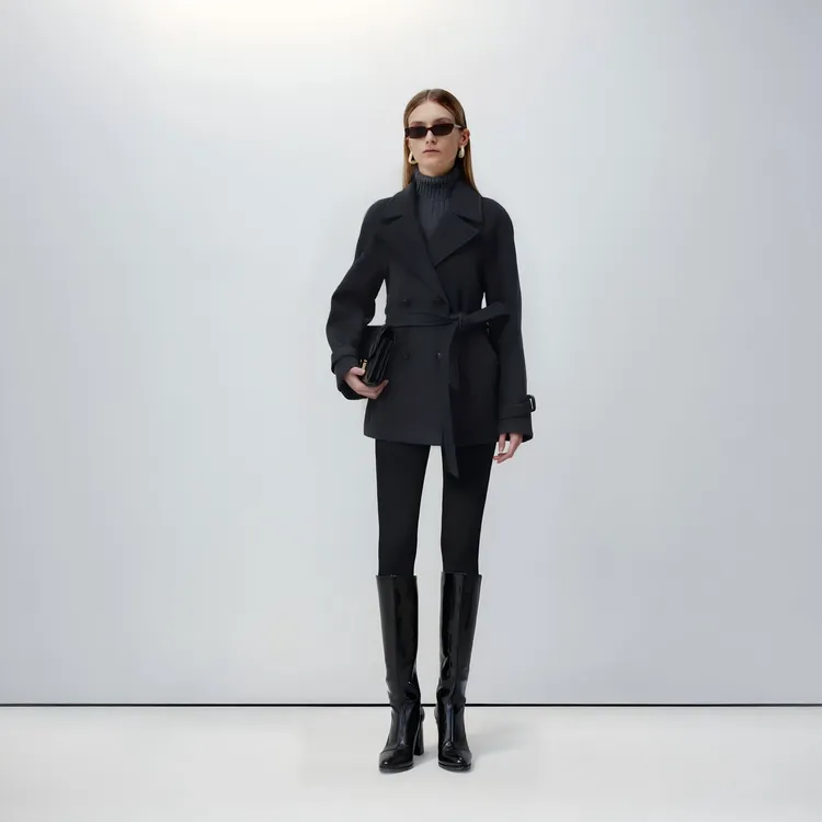 LYNEE【礼赞】新 双排扣翻领简约风衣式大衣羊毛呢子外套LGD2FAW143