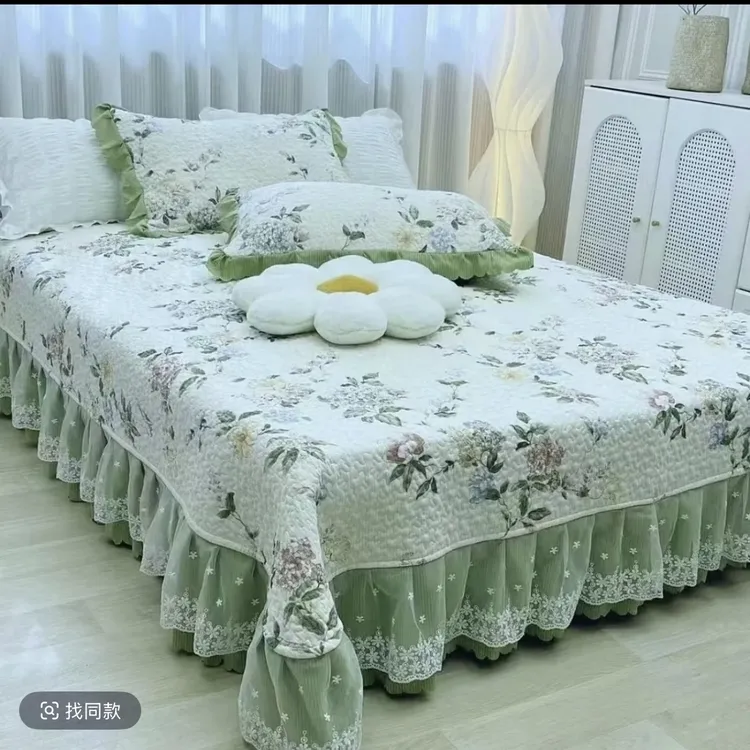 【蕾丝床枕套裙床盖印花绗缝】有氧泡泡棉蕾丝花边两面用床盖（4斤）M