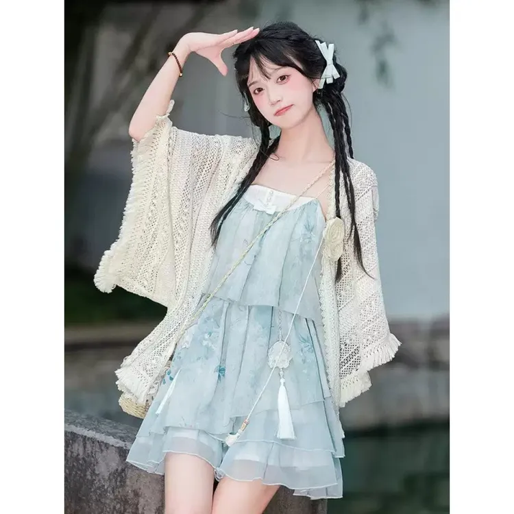 新中式小清新套装女2025春季新款针织开衫披肩吊带连衣裙两件套