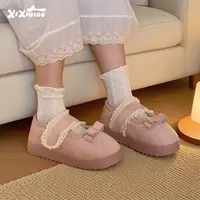 细细条 学生时尚棉拖鞋加绒豆豆鞋女蕾丝边魔术贴防滑秋冬毛毛鞋