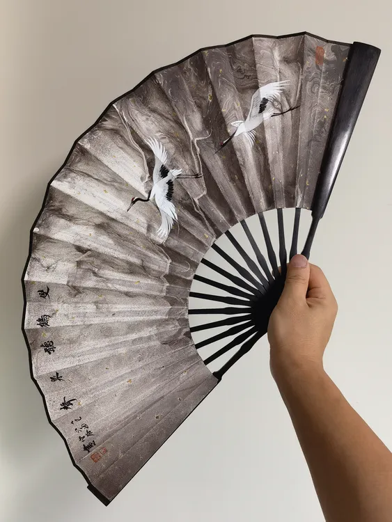 【双鹤听泉】十寸乌木宣纸大漆折扇